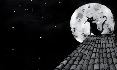 a black and white drawing of a cat on top of a roof with the moon in the background Halloween Tim Burton Goth Ipad, Tom Burton Aesthetic, Tim Burton Ipad, Burtonesque Aesthetic, black