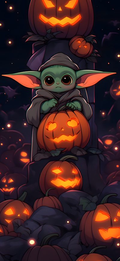 a cartoon character sitting on top of a pile of pumpkins Star Wars Halloween Phone Star Wars Fall, Cute Halloween Disney, Baby Yoda Thanksgiving, black