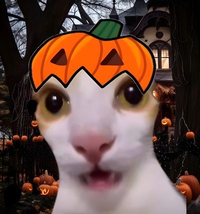 a cat with a pumpkin on it's head in front of a halloween scene Halloween Meme Funny Pumpkin Pfp, Silly Halloween Pfp, Pumkat Pfp, Halloween Cat Meme Pfp, saddle brown