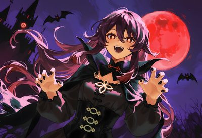 an anime character holding her hands up in front of a full moon and bats background Halloween Genshin Tao, Halloween Party, Halloween, dark slate gray