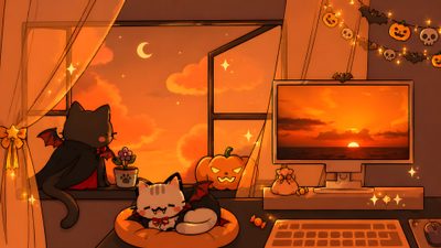 a computer desk with a cat sitting on top of it Cute Halloween Desktop Hotel Art, Desk Setup, Pretty, Aesthetic Anime, Desktop, Cute, chocolate