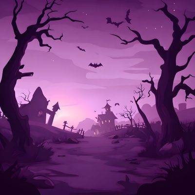 a purple halloween scene with bats flying in the sky and trees on either side of the road Purple Halloween Background Halloween Purple Background, Halloween Background Purple, Purple Tone Spooky Scene, dark slate blue