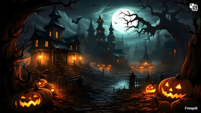 an animated halloween scene with pumpkins in the foreground and creepy houses in the background Engine Halloween Animated Haunted House At Night, Halloween Bats Moon, Haunted House Gif, black