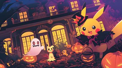 an animated halloween scene with pikachu and other characters Pokemon Halloween Desktop Desktop, Pokemon, Pokémon, dark slate gray