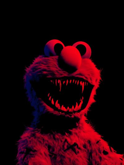 a red and black photo of an evil looking sesame character with his mouth wide open Elmo Halloween Creepy Art, Smash Bros, Gothic Fashion, Tattoo Designs, Black Women, Tshirt Print,