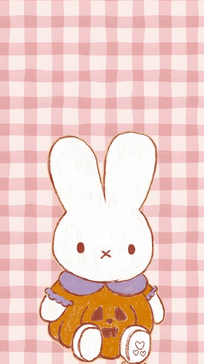 a drawing of a bunny holding a donut on a checkered tablecloth background Miffy Halloween Holiday, Totally Awesome, Pretty Iphone, I, Digital, Pretty, pink