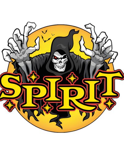 the sprite halloween logo is shown in black and yellow with an image of a skeleton holding Spirit Halloween Ghost Rider Flight Request, Disney Ride Signs, Disney Ride Logos, bisque