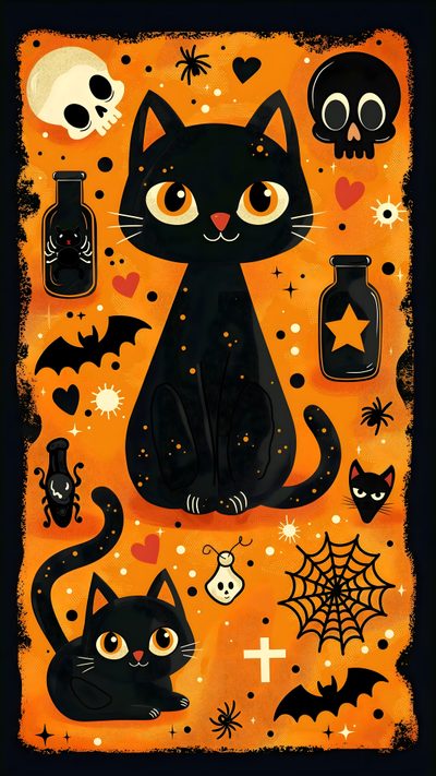 a black cat sitting on top of an orange background with skulls and bats around it Halloween Cats Bats Owls Spiders Sm Halloween Kitty, Kawaii Halloween Halloween Kawaii Cute Black Cat, Cute Halloween Black Cat,