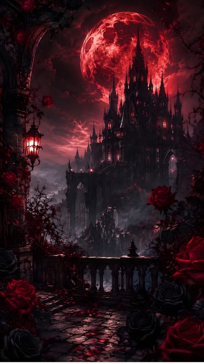 an image of a castle in the night with red lights and roses on it's balcony Halloween Vampire Background Goth Background, Gothic City Aesthetic, Gothic Vampire Aesthetic, black