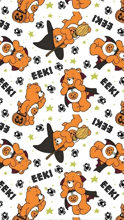 the bears are all different colors and sizes on this white background with black lettering that says, Care Bear Halloween Care Bears Vintage, Vintage Halloween Art, Halloween Iphone Backgrounds, white smoke