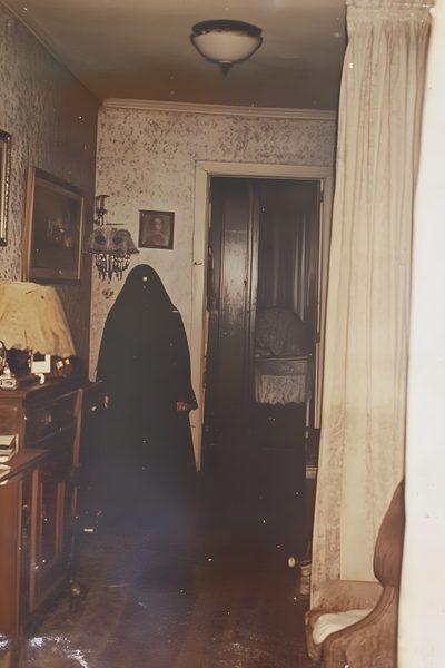 an old photo of a woman in a black robe standing at the entrance to a room Old Scary Horror Halloween Vintage Ghosts, Paranormal Core, Ghost Horror, Ghost Photos Scary, dim gray