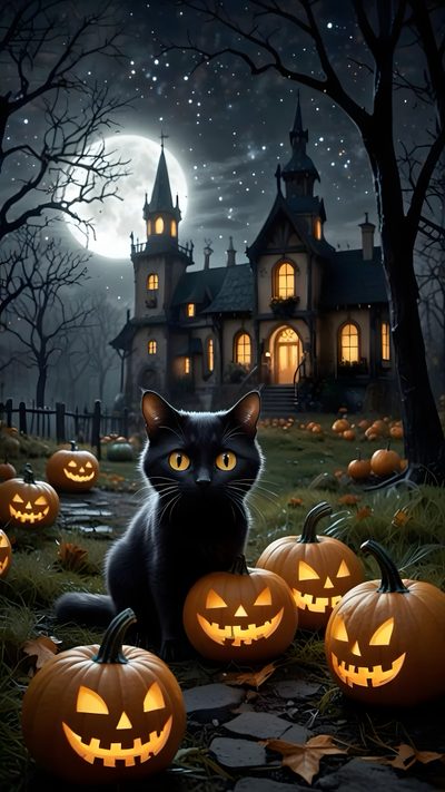 a black cat is sitting in front of pumpkins Vintage Halloween- Bobcats Castle Halloween, Spooked Black Cat Meme, Black Cat Halloween, dark slate gray