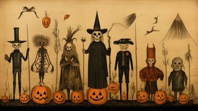 an old fashioned halloween scene with pumpkins and skeletons Samsung Tv Halloween Skeletons Vintage Halloween Print, Vintage Halloween Art Horizontal, Vintage Skeleton Picture Frame, peru