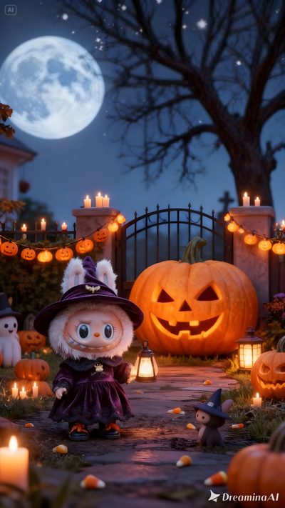 a halloween scene with pumpkins and jack - o'- lanterns in the background Halloween Labubu Iphone, Halloween, Scary Photos, dark slate gray