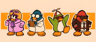 the simpsons characters are wearing winter clothes and holding their hands up in front of them Club Penguin Halloween Kirby Penguin, Club Penguin Fanart, Penguin From Kirby, Club Penguin Outfits, bisque