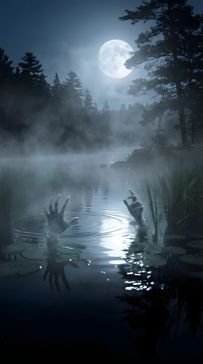 some water plants trees and a full moon Halloween Swamp Spooky Lake, Horror Nature, Gothic Fantasy Art, Fantasy Art, Spooky River, dark slate gray