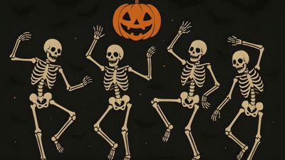 three skeletons dancing with a jack - o - lantern in the background Halloween 3 Halloween Computer Aesthetic, Laptop Halloween Aesthetic, Halloween Background Aesthetic Laptop, black