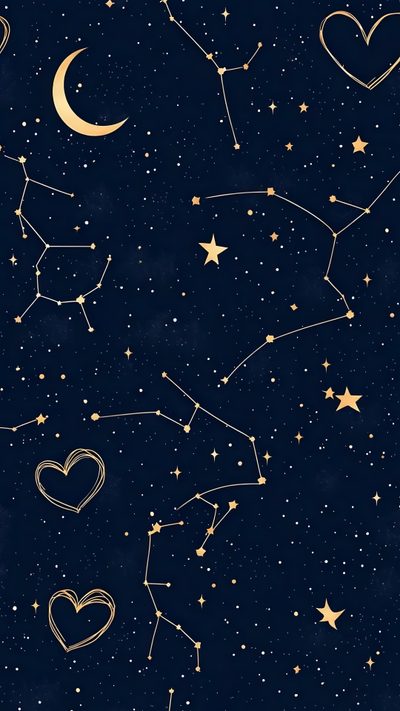 the night sky is filled with stars, and hearts are drawn in gold on it Hand Drawn Halloween Constellation Navy Constellations Background, Romantic Constellations, Romantic Starry Design, black