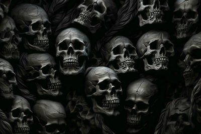 a bunch of skulls that are in the dark Halloween Skulls Dark Skull Art, Gothic Skull Decor, Halloween Decoration Ideas, black