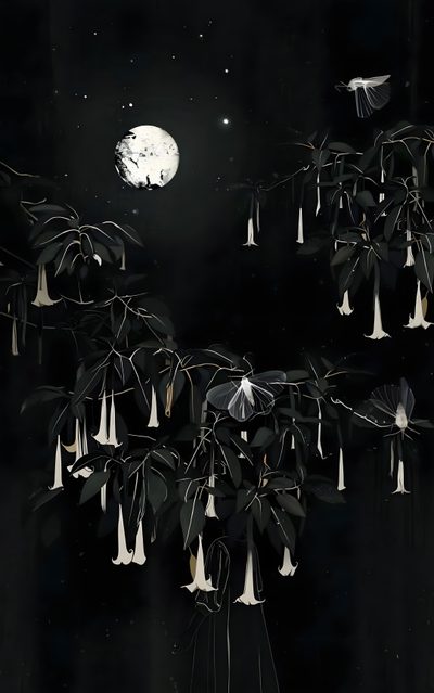 a tree with white flowers hanging from it's branches in front of a full moon Moonlight Flowers Halloween Floral Dark Night Aesthetic, Moonlit Floral Scene, Nature-inspired Art Inspiration, black