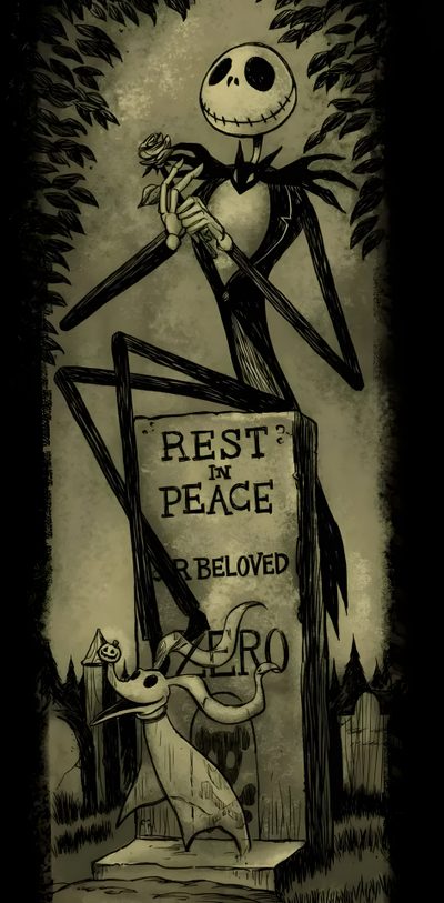 a skeleton holding a sign that says rest in peace below it, and an image of a Zero Halloween Skellington, Nightmare Before Christmas Art, Jack The Skeleton Art, dark slate gray