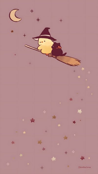 a cartoon character flying on a broom in the sky with stars and moon behind it Halloween Duck Kawaii Umbreon, Kawaii Eeveelutions, Kawaii Kawaii Cute Duck Iphone, rosy brown