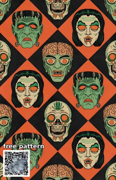 a group of zombie heads on an orange and black checkered background with the words free pattern Halloween Monster Pattern Spooky Vintage Halloween, Vintage Halloween Backgrounds Iphone, Vintage Spooky Aesthetic, sienna