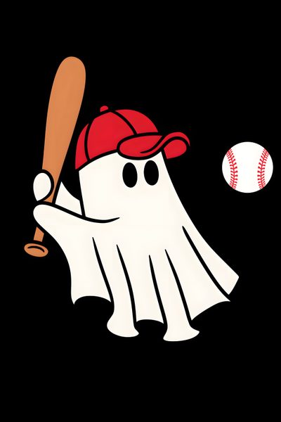 a baseball bat hitting a ghost with a red hat Baseball Halloween Ghost Running Cartoon, Baseball Halloween, Ghost With Hands Up, Halloween Baseball, black
