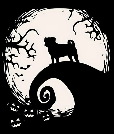 a black and white drawing of a pig on top of a hill with bats in the background Halloween Pug Garage Drawing, Pug, Pug Illustration, Pug Memes, Pug Pictures, Puppy Mom, black
