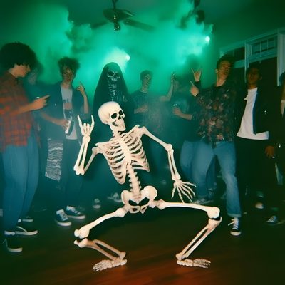 a skeleton dancing in the middle of a room with people standing around and looking at it Halloween Skeleton Party Album Art, Funny Skeleton Pfp, Iphone Icon, Mood Pics, dark slate gray