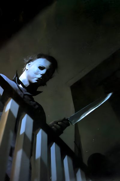 a man holding a knife in his hand while standing next to a stair railing at night Halloween 1978 Michael Myers Michael Myers Aesthetic, Halloween Michael Myers Aesthetic, Michael Myers Lockscreen, black