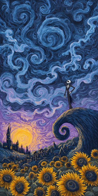 a painting of a person standing on top of a hill with sunflowers Halloween Van Gogh Skeleton Halloween Iphone Backgrounds, Arte Van Gogh, Witchy, dark slate gray