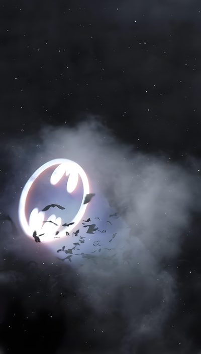 the batman logo is glowing in the dark night sky with birds flying around it and some clouds Batman Halloween Bat Signal Gif, Batman Sign In Sky, Batman Logo Live, dark slate gray