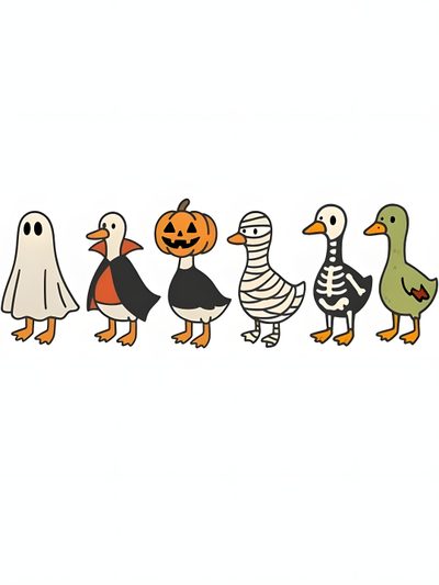 a row of halloween ducks with pumpkins and ghost faces on them, all in different colors Halloween Goose Halloween Duck Pfp, Cute Halloween Duck, Halloween Duck Meme, Duck Ghost Drawing, white smoke