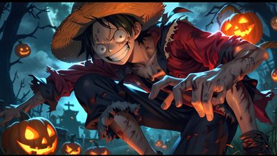 Luffy is reimagined with a spooky Halloween twist—his iconic straw hat and tattered cloak, paired with a sinister grin, create a haunting version of the beloved pirate. Glowing eyes, skeletal hands, and a ghostly aura add an eerie edge to his usually carefree spirit. Surrounded by mist, glowing jack-o’-lanterns, and the full moon, this Halloween-themed Luffy brings together adventure and fright in a chilling yet captivating way. Luffy Pumpkin, Ghost Anime Aesthetic, Horror Luffy, Zombie Luffy, Spooky Anime Aesthetic, Scary Luffy, Halloween Animes To Watch, Anime Pirate Aesthetic, Luffy Halloween Luffy Halloween Luffy Pumpkin, Ghost Anime Aesthetic, Horror Luffy, Zombie Luffy, dark slate gray