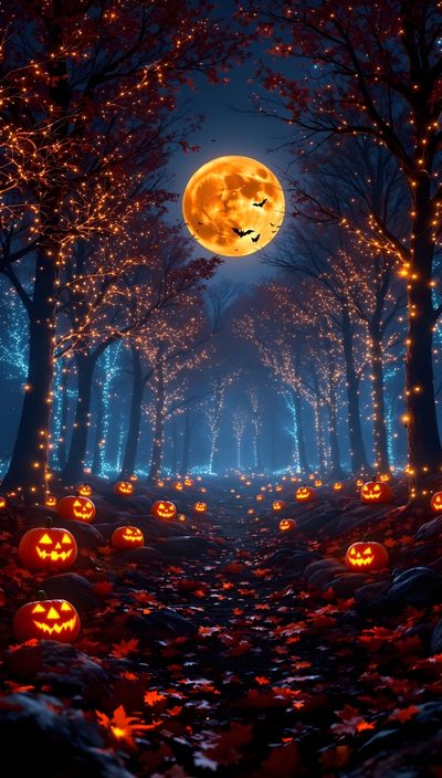 an image of halloween pumpkins in the woods at night with full moon and trees Halloween Galaxy Halloween Sky Iphone, Halloween Nature, Halloween Sky, Full Moon Halloween, black
