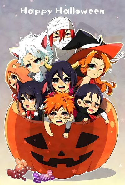 some anime characters sitting in a pumpkin with the words happy halloween written on it's side Bleach Halloween Toshiro Halloween, Bleach Halloween, Bleach Anime Pumpkin, Yoruichi Halloween, rosy brown