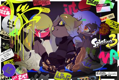 an image of some stickers on the side of a wall with different colors and shapes Splatoon Halloween Diseños Del Fondo De Pantalla, Splatoon, Splatoon 2 Art, Concept Art, dark olive green