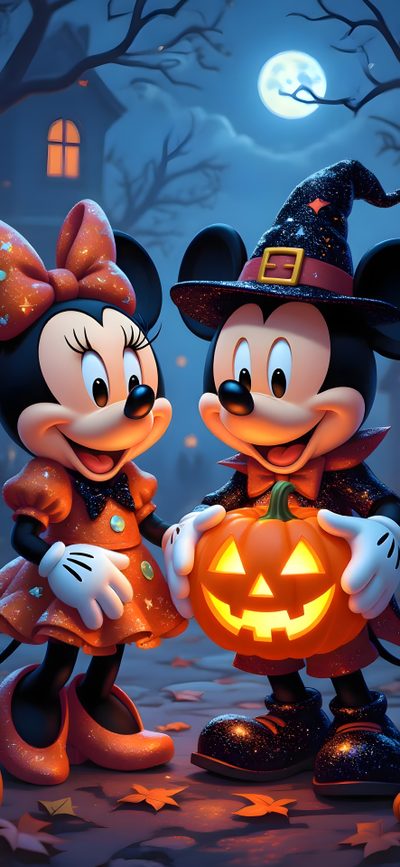 two mickey and minnie mouses dressed up as halloween characters with jack - o'- lanterns Pixar Halloween Mickey And Minnie Halloween Images, Mickey And Minnie Halloween Pictures, Mickey Mouse Halloween Iphone, dark slate gray