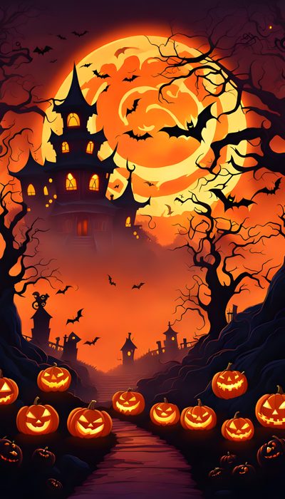 a halloween scene with pumpkins in the foreground and a castle in the background Halloween Hill Haunted House On A Hill, Halloween Hill, Halloween Hill Background, maroon