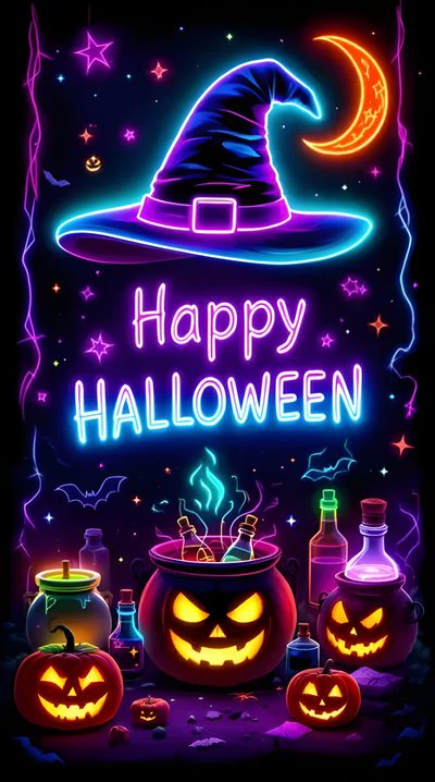 a happy halloween card with pumpkins and witches in the dark night sky, surrounded by bottles Happy Halloween Spirit Halloween Happy Halloween Images, Happy Halloween Backgrounds, Neon Halloween, black