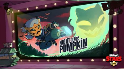 an animated image of a cartoon character in front of a screen with the words night of the pumpkin on it Halloween Pumpkin Brawl Custom Brawl Stars Pumpkin, Shade Brawl Stars Background, Brawl Stars Map Background, dark slate gray