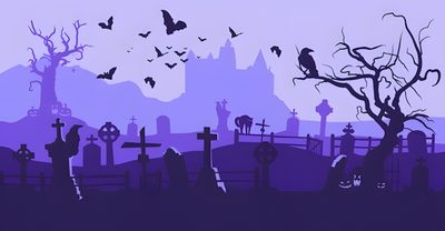 a cemetery with bats flying over it Halloween Graveyard Graveyard 2d, Halloween Background Vector, 2d Halloween, medium slate blue
