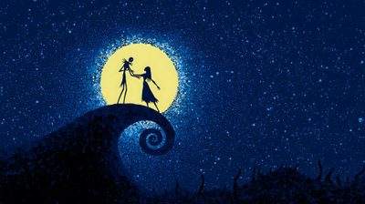 the silhouettes of two people standing on top of a wave in front of a full moon Halloween Nightmare Before Christmas Christmas, Tim Burton Laptop, The Nightmare Before Christmas Computer, midnight blue