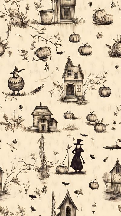 an old fashioned halloween wallpaper with pumpkins and houses Old Fashioned Halloween Old Halloween Aesthetic, Halloween And Fall, Halloween Phone Backgrounds, bisque