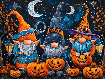 three halloween gnomes with pumpkins in front of a full moon and stars sky Halloween Gnome Desktop Halloween, Images Of Halloween Gnomes, dark slate gray