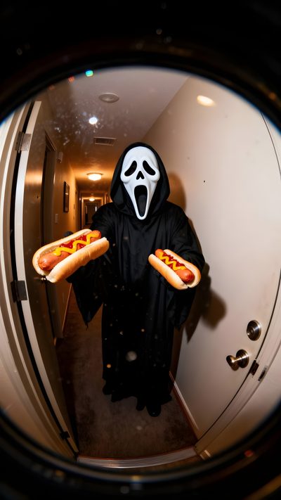 a person in a ghost costume holding two hot dogs Halloween Scream Funny Halloween Creatives, Scream Series, Dirty Thirty, Monster Mash, Something Wicked, black
