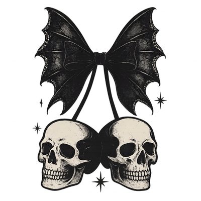 two skulls with wings on their heads, one skull has a bow in it's hair Black And White Halloween Skulls In Bow Gothic Bat Illustration, Black And White Cherry Skull, Skull Cherry Png,