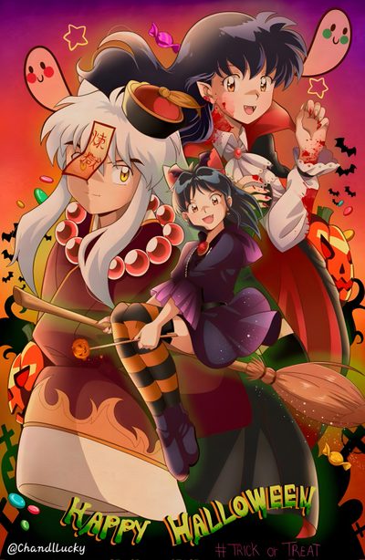 an anime poster with two women and one man dressed in halloween costumes, holding pumpkins Inuyasha Halloween Inuyasha Witch, Inuyasha Birthday, Inuyasha Halloween, Inuyasha Christmas, sienna
