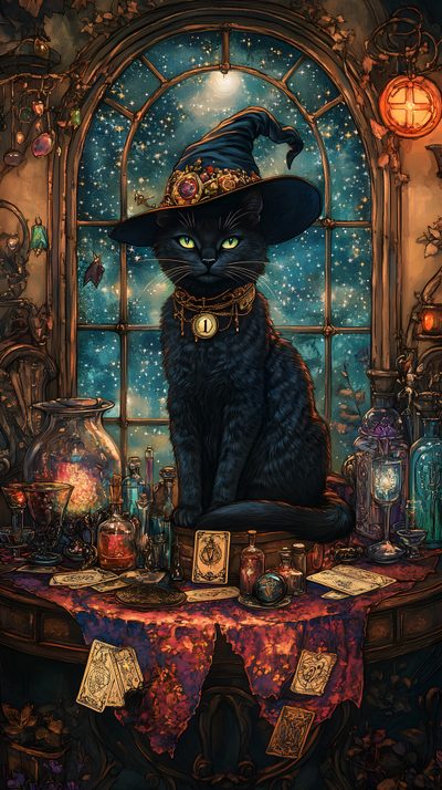 a painting of a black cat wearing a witches hat sitting on top of a table Halloween Witch Cat Witch And Cat Background, Witchy Cat, Witch Cat, Witch And Cat, dark slate gray